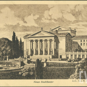 neoklasycystyczny budynek o nieregularnej bryle z sześciokolumnowym portykiem, zwieńczony rzeźbą Pegaza do którego prowadzą monumentalne schody z latarniami po obu stronach, z prawej przylegający do niego parterowy pawilon zakończony dwiema wieżyczkami, przed budynkiem trawnik z sadzawką, z lewej wysokie drzewa