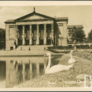 fragment sadzawki, na jej brzegu na ukwieconym trawniku siedzą dwa łabędzie, w głębi fasada gmachu z naczółkiem i kolumnadą kryjąca wejście, przed fasadą szerokie schody