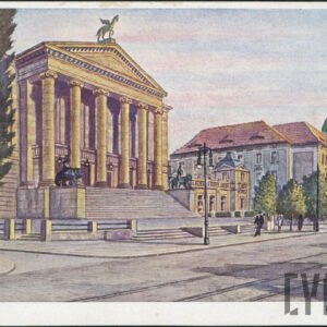 neoklasycystyczny budynek z sześciokolumnowym portykiem zwieńczony rzeźbą konia ze skrzydłami do którego prowadzą monumentalne schody z rzeźbami po obu stronach, na pierwszym planie ulica, w głębi fragment budynku z półokrągłym ryzalitem zwieńczonym kopułą, na niej powiewa flaga z symbolem swastyki