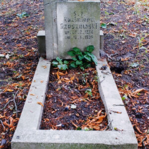 mogiła ziemna z niskim, prostym obmurowaniem, u wezgłowia wysoki prostopadłościenny cokół, stela złożona z prostokątnej płyty, wtopionej lewą krawędzią w wyższy prostopadłościenny słup