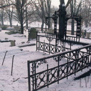 mogiła ziemna ogrodzona kutym, metalowym ogrodzeniem osadzonym na niskiej granitowej podmurówce, w części zagłówkowej pośrodku kuty żeliwny krzyż o trójlistnie zakończonych ramionach z rozetką pośrodku, po bokach dwa prostokątne obramienia tablic inskrypcyjnych (brak tablic) , w głębi kamienne nagrobki i drzewa, sceneria zimowa