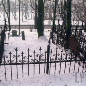 mogiła ziemna otoczona kutym, metalowym ogrodzeniem umieszczonym na murowanej podmurówce, na jednym z boków kraty żeliwna płyta inskrypcyjna w formie prostokąta, w głębi kamienne nagrobki, drzewa, za ogrodzeniem cmentarza asfaltowa ulica, sceneria zimowa