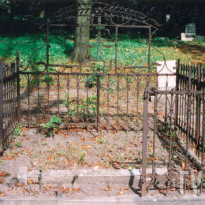 mogiła ziemna okolona żeliwną ozdobną kratą osadzoną na niskiej podmurówce, część środkowa podwyższona z fantazyjnie zakręconymi liniami i motywem roślinnym, brak tablic inskrypcyjnych, w głębi pień drzewa i kamienne nagrobki