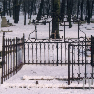 mogiła ziemna okolona żeliwną ozdobną kratą osadzoną na niskiej podmurówce, część środkowa podwyższona z fantazyjnie zakręconymi liniami i motywem roślinnym, brak tablic inskrypcyjnych, w głębi kamienne nagrobki i drzewa; sceneria zimowa