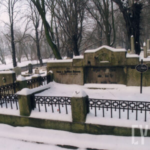 mogiła ziemna otoczona niskim murkiem z sześcioma czworobocznymi słupkami zwieńczonymi ostrosłupami połączonymi kutą kratą, w części zagłówkowej tablice inskrypcyjne w formie tryptyku, z prawej metalowy krzyż z owalną czarną tabliczką z białym napisem, sceneria zimowa