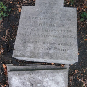 widok z góry na prostokątną podstawę, obok niej, na ziemi leży profilowany, zwężającym się uskokowo marmurowy cokół z rytą inskrypcją