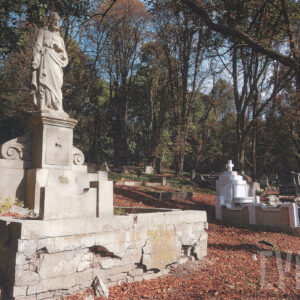 grobowiec na wysokiej otynkowanej podmurówce, na cokole okalającym mogiłę prostopadłościenne słupki, pomiędzy nimi prostokątne, wklęsłe od góry płyciny, w części zagłówkowej trójosiowa stela w formie wydłużonego prostokąta, na części środkowej postument, na nim figura mężczyzny z gorejącym sercem na piersi i ręką wskazującą na nie, ślady łańcucha łączącego pierwotnie słupki na nagrobku