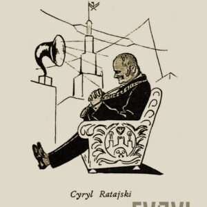 rysunek mężczyzny siedzącego w fotelu z głośnikiem i zarysem wieży w tle