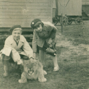 chłopiec i dziewczynka w beretach pochylają się i głaszczą małego tygryska lub lwa, w głębi wozy cyrkowe