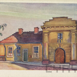 akwarela jednopiętrowego budynku ze spadzistym dachem, w części środkowej dwukondygnacyjny z jednym oknem nad drzwiami, po obu stronach wejścia kolumny podtrzymujące schodkowo zakończony portyk