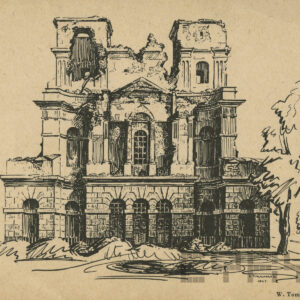 rysunek zniszczonej elewacji kościoła pozbawionej dwóch wysokich wież