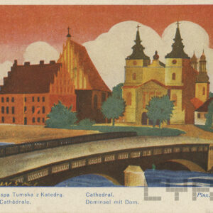 kolorowy rysunek, na pierwszym planie most nad rzeką, w głębi z lewej dwa budynki ze spadzistymi dachami, z prawej kościół z dwiema wieżami