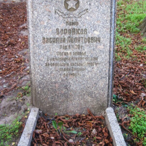 szara, prostokątna płyta nagrobna z wyrytymi cyrylicą napisami w języku rosyjskim 