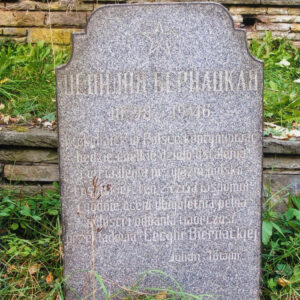 tablica nagrobna z szarego granitu o nieregularnym kształcie, z wyrytymi napisami w języku rosyjskim (cyrylica) i języku polskim, wokół trawa i drzewa