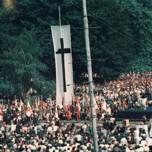 tłum osób, duża część z nich trzyma w rękach sztandary