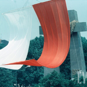 opadająca biało-czerwona flaga, odsłaniająca stalowe krzyże