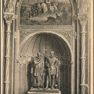 posągi dwóch mężczyzn, jeden z pastorałem, drugi z mieczem, stojące w owalnej, bogato rzeźbionej wnęce, nad zamknięciem wnęki malowany obraz