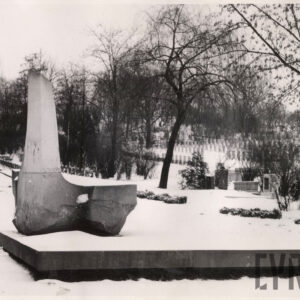 duży monument o nieregularnych kształtach umieszczony na kamiennej podstawie, wokół drzewa i groby