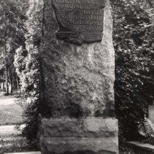 pomnik w formie steli o nieregularnych kształtach ustawionej na cokole z umieszczoną tablicą pamiątkową z napisem w języku polskim, obok groby i drzewa