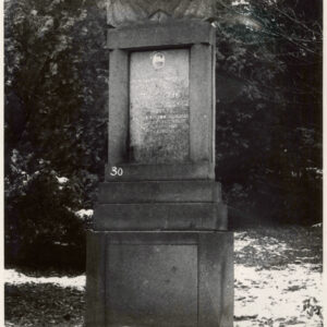 tablica nagrobna o nieregularnym kształcie umieszczona na wysokim schodkowym cokole, z wyrytym cyrylicą napisem w języku rosyjskim, wokół trawa i drzewa