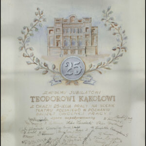 dyplom z życzeniami; na dole podpisy; u góry rysunek Teatru Polskiego otoczony dwoma gałązkami z liśćmi oraz medalem z liczbą 25