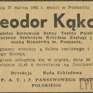 nekrolog wycięty z gazety z miejscem i datą śmierci Poznań 27 marca 1962 oraz miejscem i datą pogrzebu cmentarz na Junikowie 30 marca o godzinie 12:45