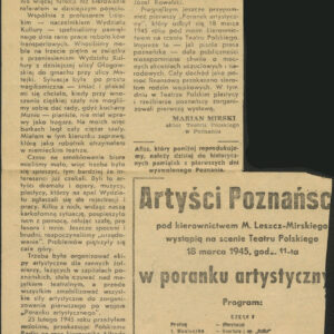 wycinek z gazety z tekstem w dwóch kolumnach, u dołu po prawej reprodukcja afisza