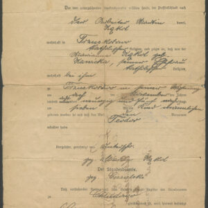 pożółkły dokument z drukowanym formularzem uzupełnionym odręcznie; na dole zamazana pieczątka