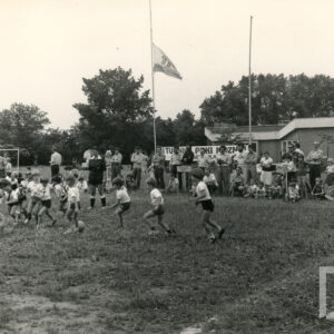 dwie drużyny kilkuletnich dzieci gra w piłkę nożną na trawiastej nawierzchni, przyglądają się grze osoby dorosłe i dzieci