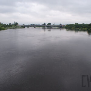 na pierwszym planie rzeka; przy obu brzegach gęsto rosnące drzewa; w tle zarys mostu oraz zabudowań
