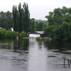 rzeka oraz wystające ponad poziom wody korony drzew; na obu stronach koryta gęsto rosnące drzewa; gdzieniegdzie widoczne zarysy budynków