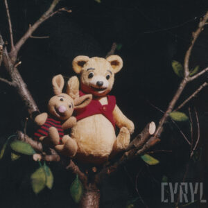 widoczny fragment drzewa, na nim lalki Kubusia Puchatka i Prosiaczka