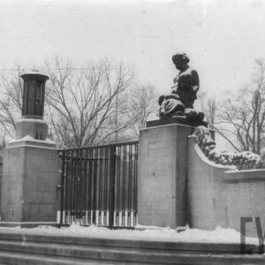 fragment murowanego ogrodzenia z kutą bramą i schodami w zimowej scenerii