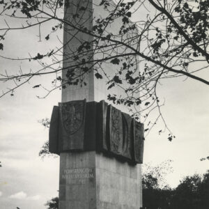 prosta, pionowa, gładka, wysoka, prostokątna bryła, w połowie jej wysokości wiszą ciemne tablice z płaskorzeźbami przedstawiającymi sylwetki ludzi, przed bryłą stoi brązowa rzeźba dwóch żołnierzy w wojskowych płaszczach i rogatywkach na głowach, w dłoniach trzymają broń, jeden karabin, drugi opuszczoną szablę