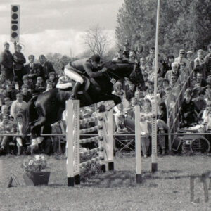 koń z jeźdźcem skacze przez przeszkodę, w głębi duża grupa widzów