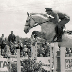 koń z jeźdźcem skacze przez przeszkodę, w głębi duża grupa widzów