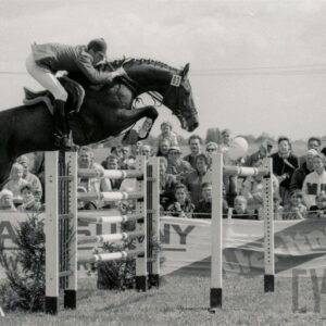 koń z jeźdźcem skacze przez przeszkodę, w głębi duża grupa widzów