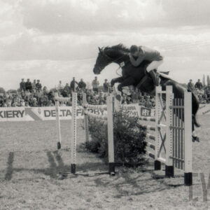 koń z jeźdźcem skacze przez przeszkodę, w głębi duża grupa widzów