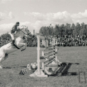 koń z jeźdźcem skacze przez przeszkodę, w głębi duża grupa widzów