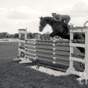 koń z jeźdźcem skacze przez przeszkodę, w głębi duża grupa widzów