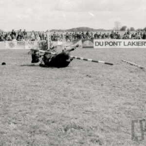 koń z jeźdźcem na grzbiecie leży na boku, przygnieciony belką po upadku w trakcie skakania przez przeszkodę, w głębi duża grupa widzów