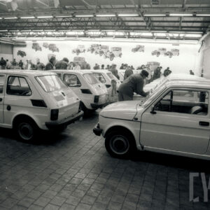 duża hala, w niej ludzie oglądający zaparkowane w rzędach samochody osobowe