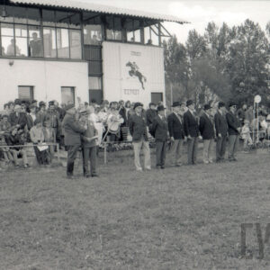 na trawie stoi dziewięciu mężczyzn, z nich dwóch po lewej w mundurach, po prawej siedmiu w jednym rzędzie na baczność, na głowach mają czarne meloniki, za nimi duża grupa ludzi, w głębi budynek