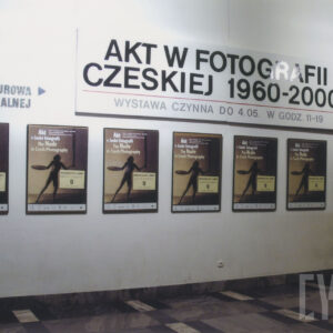 biała ściana z zawieszonymi na niej kilkoma identycznymi plakatami, nad nimi wielki napis