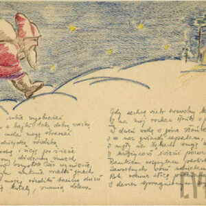 delikatny rysunek ołówkiem, po lewej idący św. Mikołaj z workiem na plecach, po prawej naszkicowany mały domek ze spadzistym dachem i jednym oknem, obok szkic drzewa, u dołu rysunku tekst wiersza