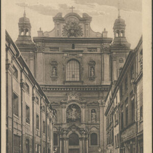 wąska ulica, po obu jej stronach fasady kamienic, w perspektywie ulicy okazała fasada kościoła barokowego