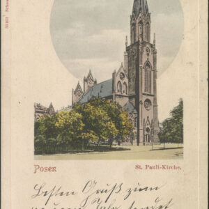 neogotycka ceglana budowla sakralna, z wysoką wieżą, otoczona drzewami, poniżej odręczne dopiski