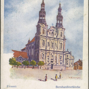 barokowa budowla sakralna z dwiema wysokimi wieżami i bogato zdobioną fasadą, na pierwszym planie troje ludzi