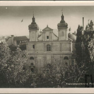 barokowa sakralna budowla z dwiema wieżami, na pierwszym planie drzewa, w głębi zabudowania