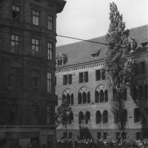 bardzo duża grupa ludzi zgromadzona na skrzyżowaniu ulic, w głębi okazałe budynki, na dachu narożnej kamienicy z lewej stoi kilku mężczyzn w uniformach kominiarzy i w cylindrach